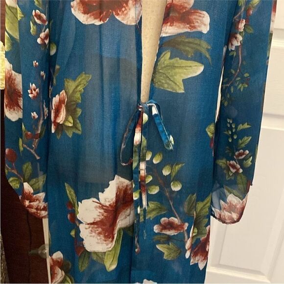 Agua Bendita Blue and Green peacock  print Kimono, one size - Picture 4 of 9